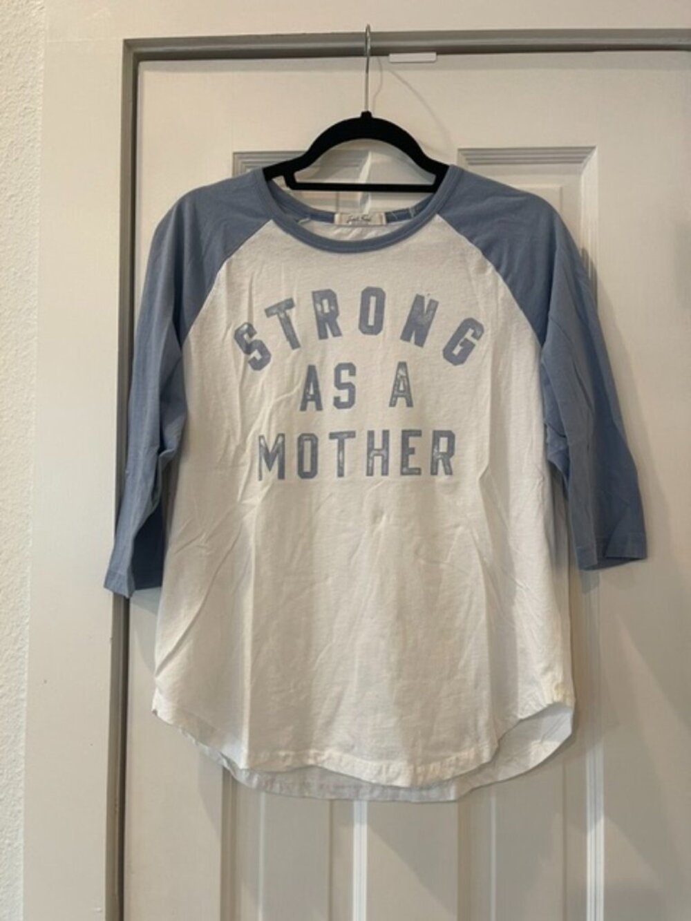 Junk Food Strong As A Mother Blue White Raglan Baseball Graphic Tee Size Large